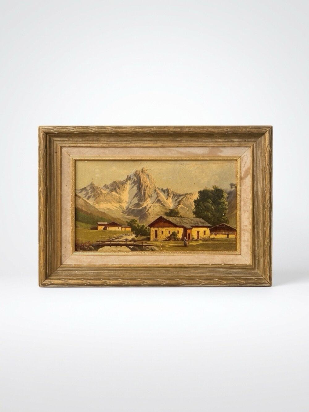 VTG Of Antique Art Print Framed Mountain Landscape Rural Rustic Cabin Wall Art